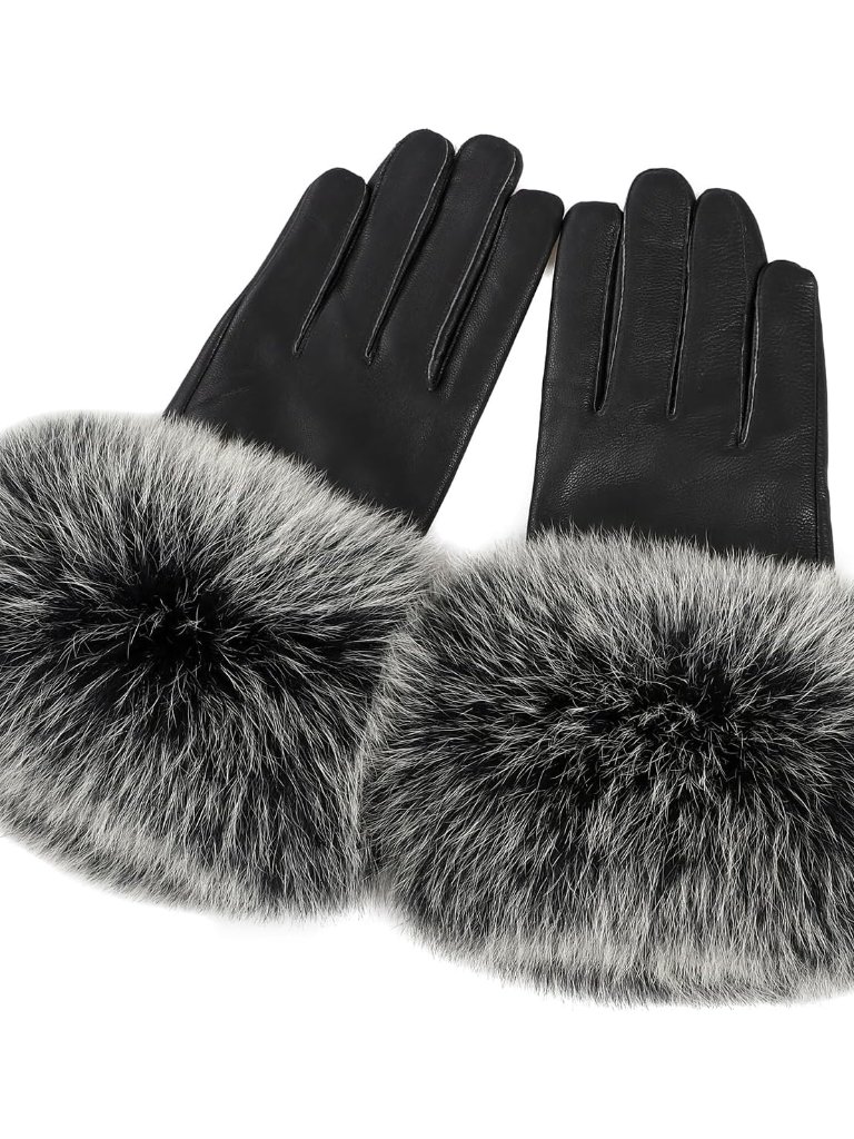 Women Genuine Lambskin Leather Gloves With Real Fox Fur Trim Cuff Winter Warm Dr